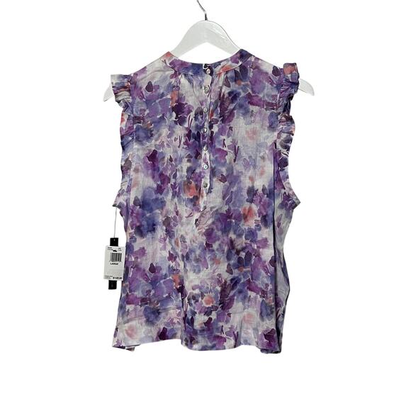 BELLA DAHL TOP WOMENS SIZE LARGE FLORAL LINEN MOCK NECK RUFFLE BLOUSE PURPLE NEW - Picture 4 of 13
